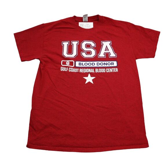 Gildan Shirt Mens M Red Crew Neck Short Sleeve Heavy Cotton Blood Donor Tee - Picture 1 of 16